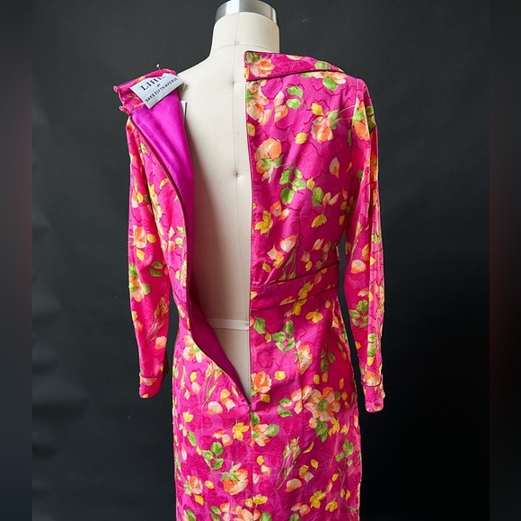 Vintage Lihli at Saks Fifth Avenue Pink Silk Floral Boat Neck Cocktail Dress 8 - Picture 10 of 11